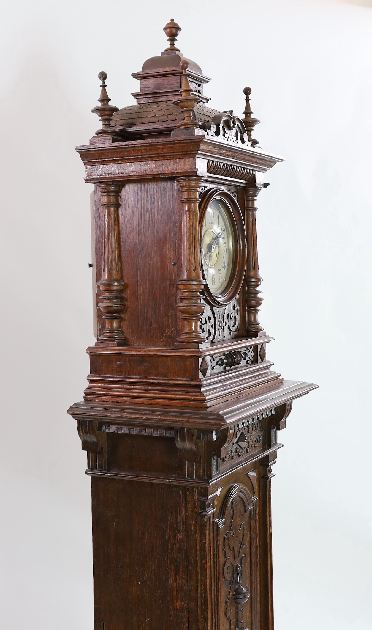 A Symphonion oak musical longcase hall clock, c.1895, playing 13.5in. discs, width 58cm depth 37cm height 235cm